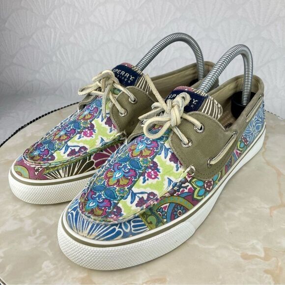 Sperry Shoes Women 8.5 Blue Purple Floral Print Bahama Casual Slipon Boat Loafer - Picture 5 of 10